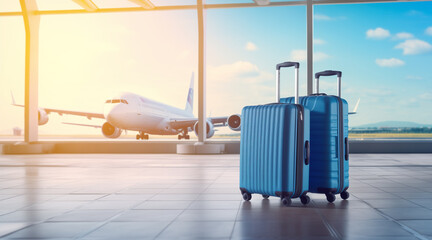 luggage suitcases at the airport wide banner with copy space area for vacations and holiday travel concepts