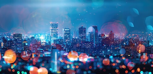 Obraz premium Abstract image of a futuristic city at night with glowing lights and bokeh effect.