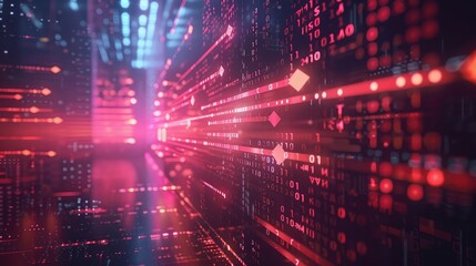 Fototapeta premium Binary code. Red glowing binary code in perspective.