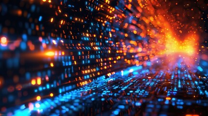 Binary code blue orange background. Computer data visualization.