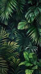 Beautiful nature background of vertical garden with tropical green leaf. Mural wallpaper. AI generated illustration