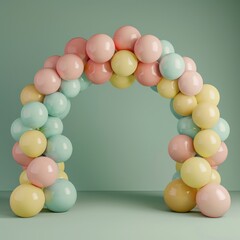 Colorful pastel balloons arch isolated on green background. 3d illustration