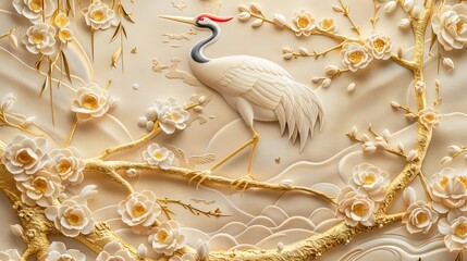 Abstract artistic background. Chinoiserie wallpaper, swans, oriental style, dioramas, flowers, golden brushstrokes. modern Art. Wallpapers, murals. AI generated illustration