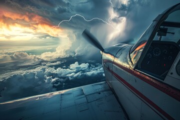 A small plane flies through stormy skies with a lightning bolt in the distance