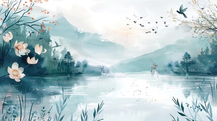 Beige background, fog, humpback bridge, flowering tree branch, birds. Mural wallpaper. AI generated illustration