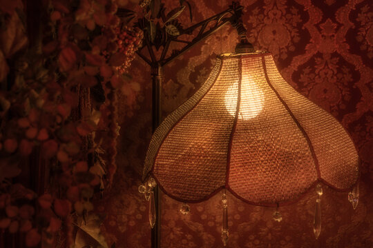 This image shows a close up view of a lamp shade with crystal pendants illuminating a moody victorian bedroom wall.