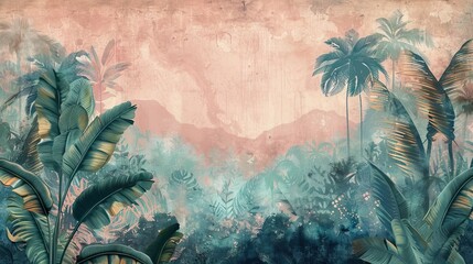 Tropical vintage botanical landscape illustration, palm tree, vegetable flower border background. Mural wallpaper. AI generated illustration
