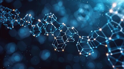 Fototapeta premium Minimalist 2D flat color background showcasing polygonal shapes with interconnected molecular models and biotechnology symbols, creating a futuristic and scientific aesthetic. Flat color