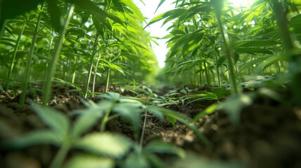 Ground level view showing the environment and dense growth of young cannabis plants