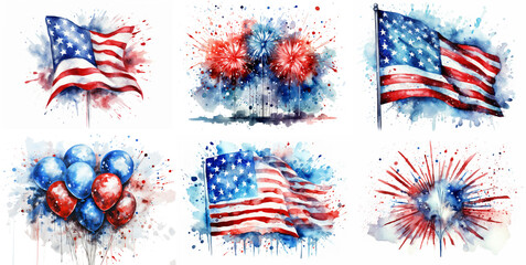watercolor illustration collection set, 4th of July theme abstract USA national flag  and  fireworks display and balloons in red blue color, color splash aquarelle wet , isolated on white background