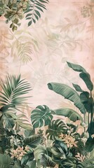 Tropical vintage botanical landscape illustration, palm tree, vegetable flower border background. Mural wallpaper. AI generated illustration