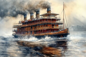 Vintage Steamboat Sailing on River