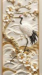Obraz premium Abstract artistic background. Chinoiserie wallpaper, swans, oriental style, dioramas, flowers, golden brushstrokes. modern Art. Wallpapers, murals. AI generated illustration