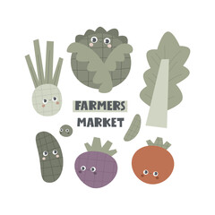 Farmers market. cartoon vegetables, hand drawing lettering. Colorful flat vector illustration. design for prints, posters, cards