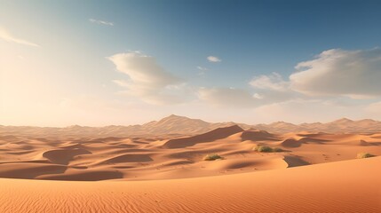 Desert panorama with sand dunes and blue sky. 3d render