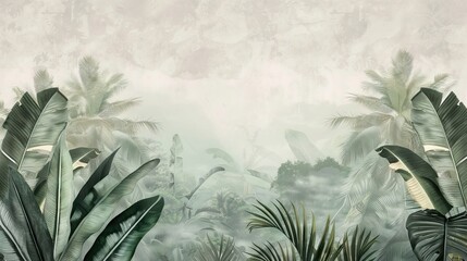 Tropical vintage botanical landscape illustration, palm tree, vegetable flower border background. Mural wallpaper. AI generated illustration