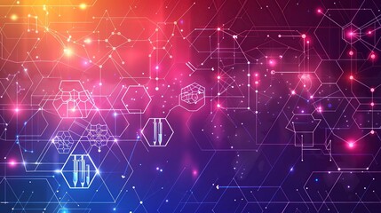 Obraz premium Abstract geometric background with triangles and hexagons in pastel hues, detailed with molecular diagrams and biotechnology symbols like test tubes and centrifuges. Flat color illustration, shiny,