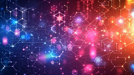 Fototapeta premium Abstract geometric background with triangles and hexagons in pastel hues, detailed with molecular diagrams and biotechnology symbols like test tubes and centrifuges. Flat color illustration, shiny,