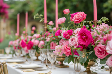 Beautifully set table with a bouquet of bright pink roses in a vases, luxury tableware and golden cutlery