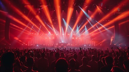 Audience enjoying a vibrant laser light show with beams of light during a live music festival...