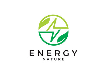 green energy logo design. leaf with lightning combination symbol icon vector