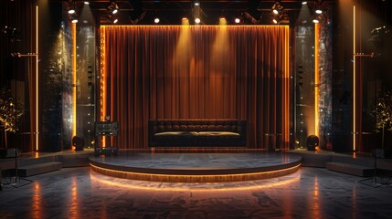 An elegant TV studio featuring a central stage with golden curtain, ambient lighting, and leather seating