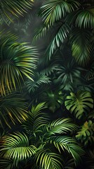 Beautiful nature background of vertical garden with tropical green leaf. Mural wallpaper. AI generated illustration