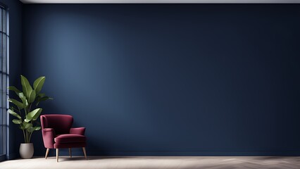 Dark Living Room with Burgundy Armchair and Navy Blue Walls - Mockup for Art

