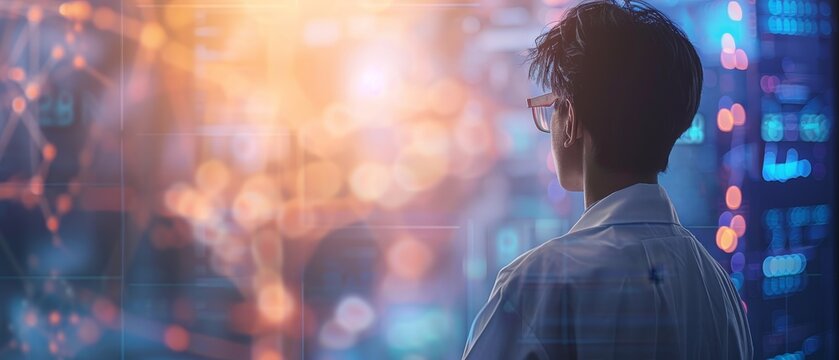 A person in a laboratory coat analyzing data on a large screen with abstract digital graphics, signifying technology and innovation.