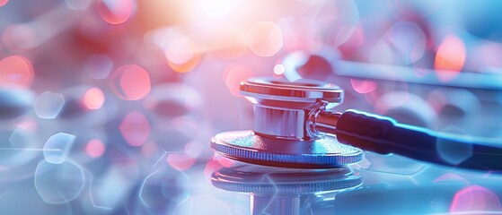 Close-up of a stethoscope on a reflective surface with colorful bokeh background, symbolizing medical care, health, and diagnostics.