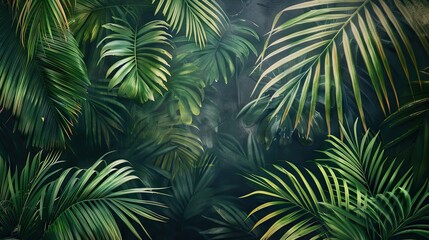 Beautiful nature background of vertical garden with tropical green leaf. Mural wallpaper. AI generated illustration