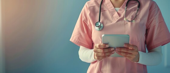 Female nurse in pink scrubs with stethoscope using tablet, focused on healthcare technology in medical environment.