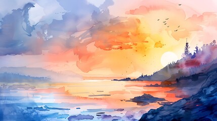 Coastline and sunset landscape watercolor painting illustration.