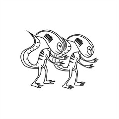 line art illustration of two alien babies walking as an icon or logo