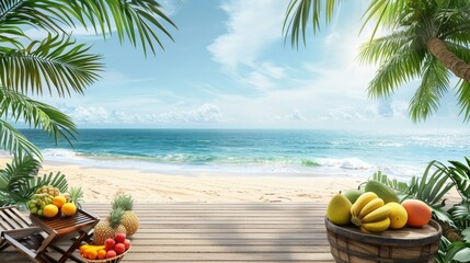 Serene tropical scene with wooden deck chair, fresh fruit, sandy beach, and clear blue sky, ideal for relaxation and holiday themes