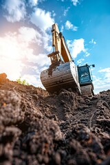Backhoe working by digging soil at construction site at sunny day