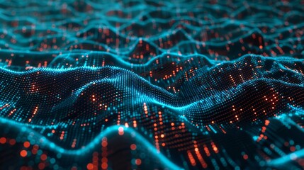 This image showcases a dynamic wave pattern composed of blue and red digital particles, simulating a technology or data concept