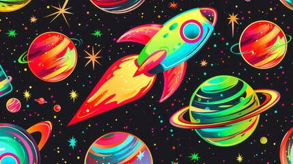 A vibrant illustration featuring a whimsical pattern of rockets, planets, stars, and galaxies on a dark background