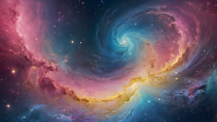 Obraz premium Abstract celestial scene with swirling galaxies against a grainy gradient backdrop of blue, pink, and yellow, illuminated by glowing colors and noise texture, High illustration, 8k image 