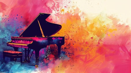 colorful world music day banner with grand piano and abstract dust background digital illustration