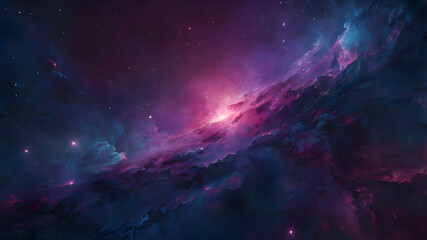 Fototapeta premium A mesmerizing cosmic scene with dark blue and purple grain texture, accented by magenta pink glowing hues, creating an ethereal poster design