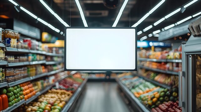 Blank Advertising Mockup for Supermarket Advertisement, Modern Supermarket Aisle with Blank Advertising Display, Vibrant Grocery Store Shelves, Customers in Background, Blank Advertising TV Screen