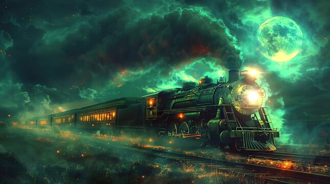 Fantasy locomotive: Glowing train chugging through the mystical night, illuminating the surreal landscape
 Seamless looping 4k time-lapse virtual video animation background. Generated AI