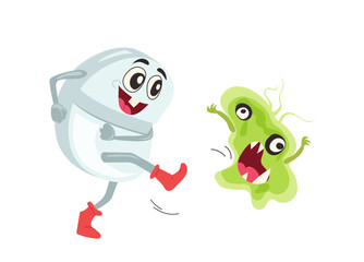 Cute happy medical pill attacking crazy mad virus vector illustration isolated on white background