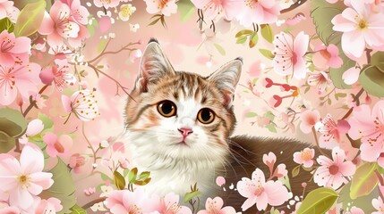 cute cat sitting inside cherry blossom wreath with pink flowers and green leaves digital illustration
