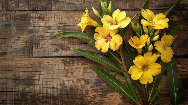delicate yellow oleander flowers on textured brown wooden background floral still life composition