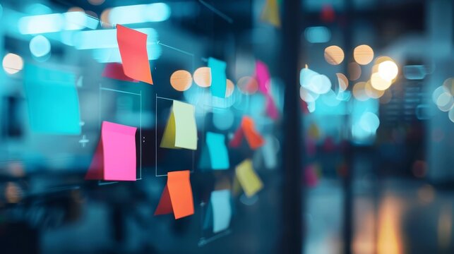 digital brainstorming session virtual postit notes on smart board blurred background