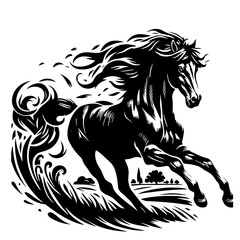 Cartoon Black and White Isolated Illustration Vector Of A Horse Running and Galloping