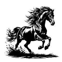 Cartoon Black and White Isolated Illustration Vector Of A Horse Running and Galloping