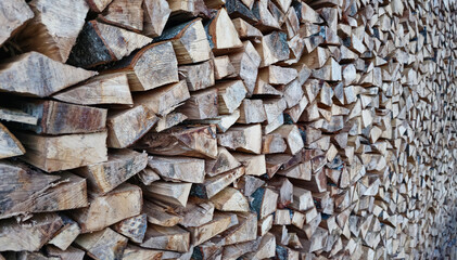 Stack of raw chopped forest wood for the oven